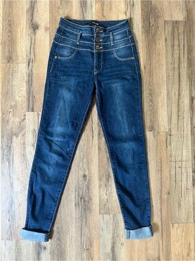 refuge High-Rise Dark Blue Skinny Jeans with Triple-Button Waist